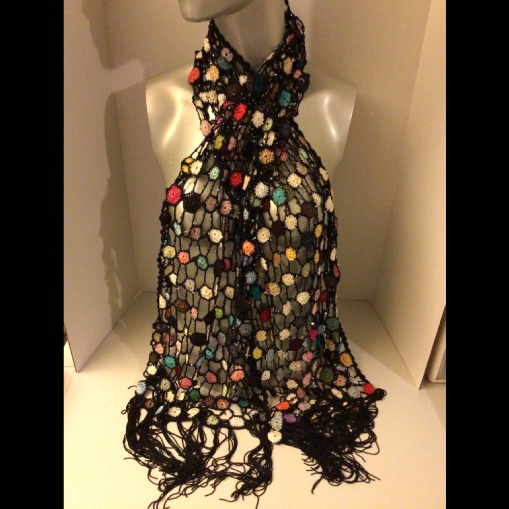 Vintage black/crochet multicolored fringe scarf
